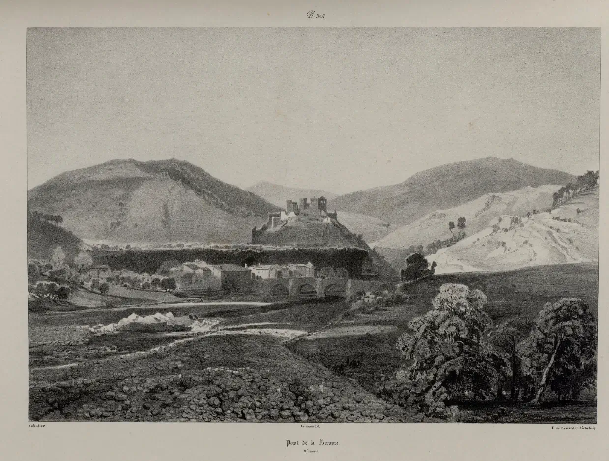 Pont de Labeaume Gravure par Le Camus lithographique 1834.webp